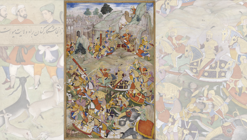 A historic painting showing a battle in the Mughal Empire.